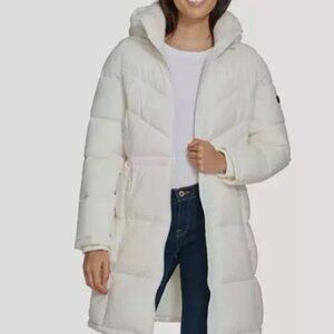 DKNY Women's Chevron Walker Pearl Long Puffer Zip Up Coat Jacket White Size M